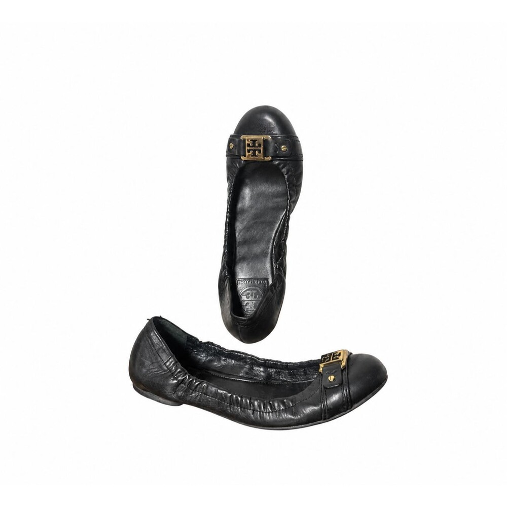 Tory Burch Black Leather Ballet Flats Women 8 Gold Logo Classic Preppy Shoes